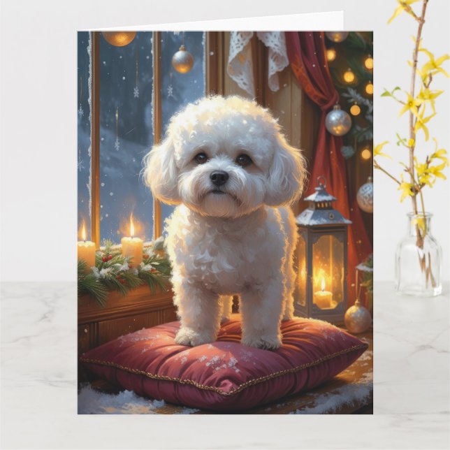Bichon Frise With Christmas Lights Holiday Card (Yellow Flower)