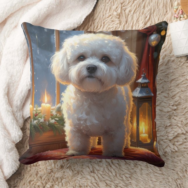 Bichon Frise With Christmas Lights Holiday Cushion (Blanket)