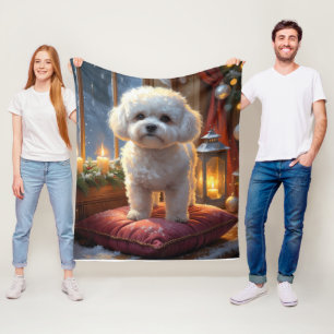 Bichon Frise With Christmas Lights Holiday Fleece Blanket