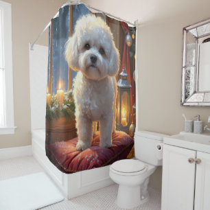 Bichon Frise With Christmas Lights Holiday Shower Curtain
