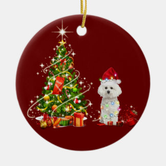 Bichon frise With Hat Scaft Christmas Ceramic Tree Decoration