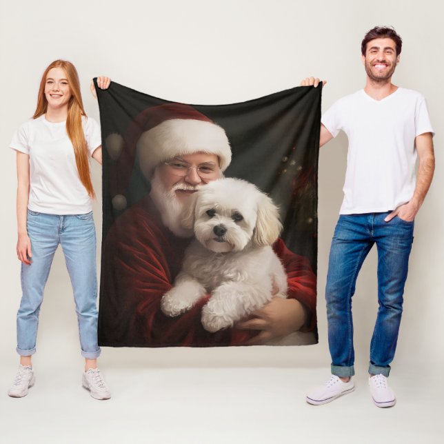 Bichon Frise with Santa Claus Festive Christmas  Fleece Blanket (In Situ)