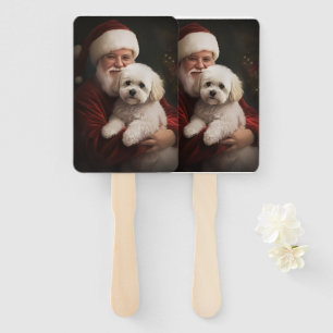 Bichon Frise with Santa Claus Festive Christmas Hand Fan