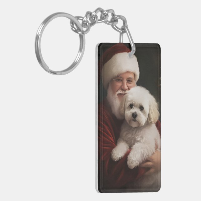 Bichon Frise with Santa Claus Festive Christmas  Key Ring (Front Left)