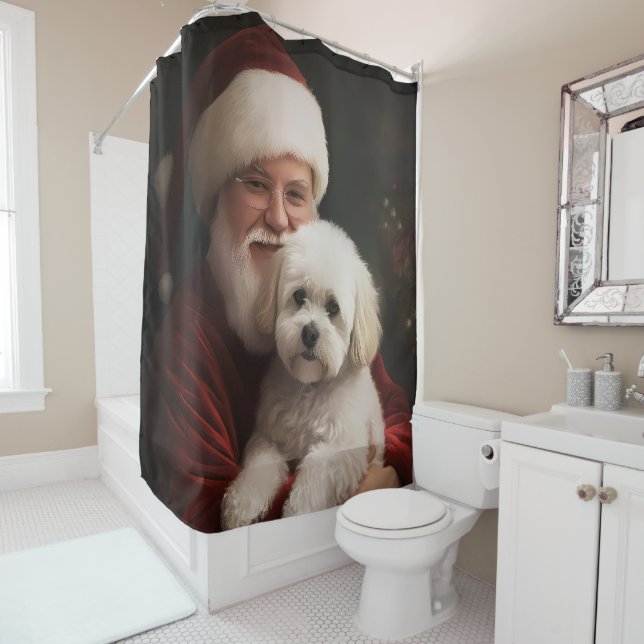 Bichon Frise with Santa Claus Festive Christmas  Shower Curtain (In Situ)