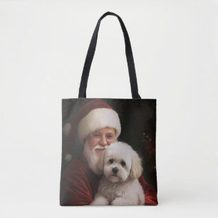 Bichon Frise with Santa Claus Festive Christmas Tote Bag