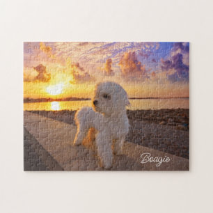 Bichon on the Beach Pet Photo Personalised Name Jigsaw Puzzle