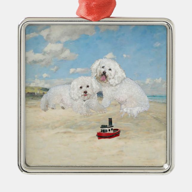 Bichons at the Beach Metal Tree Decoration (Front)