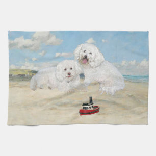 Bichons at the Beach Tea Towel