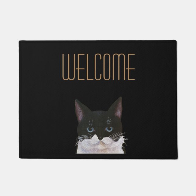 Bicolor, black and white welcome cat doormat (Front)