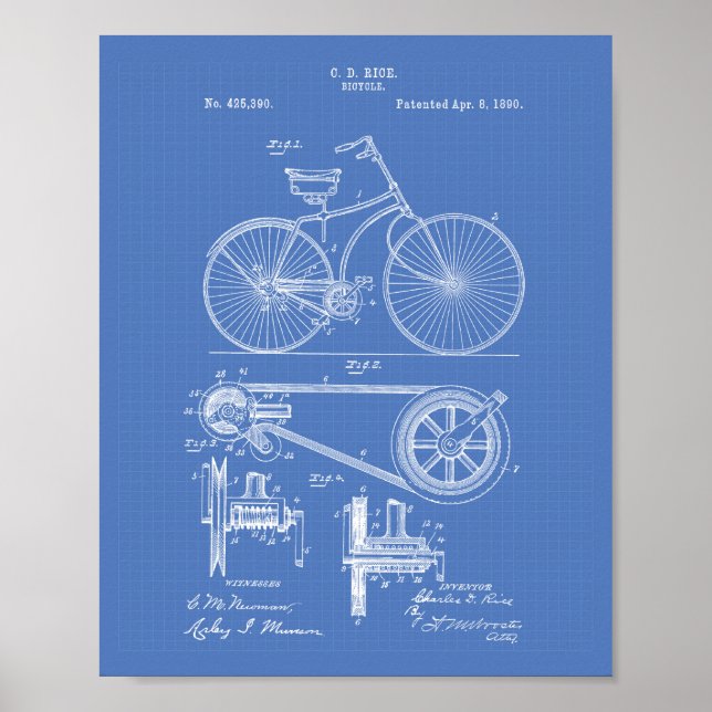 Bicycle 1890 Patent Art - Blueprint Poster (Front)