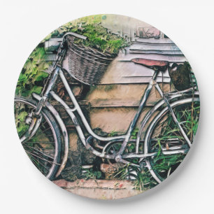 Bicycle and Basket in the Garden Paper Plate