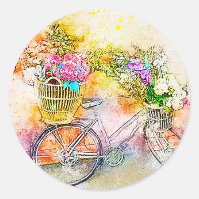 Bicycle and flowers  classic round sticker (Front)