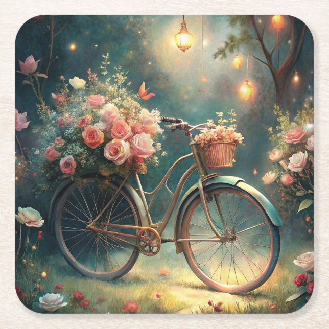 Bicycle and Flowers Square Paper Coaster (Front)
