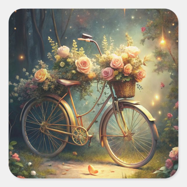 Bicycle and Flowers Square Sticker (Front)