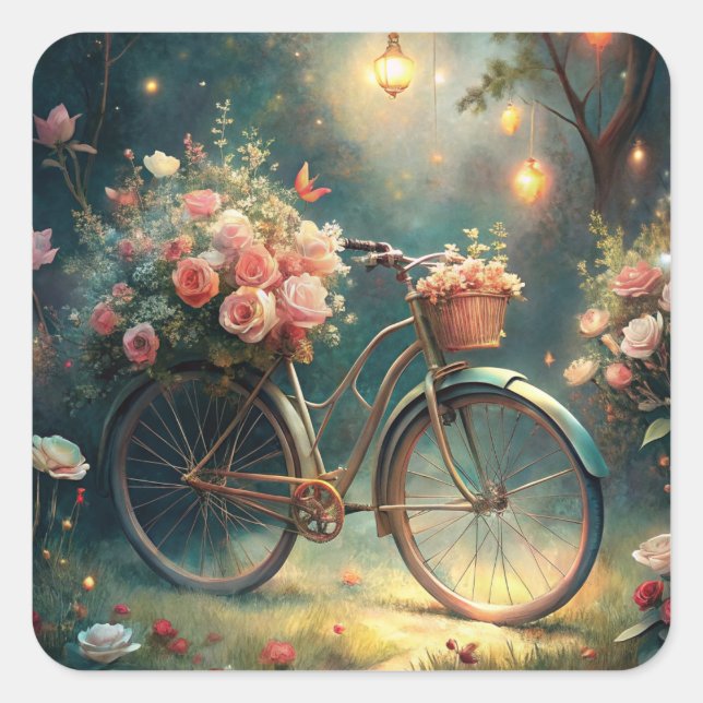 Bicycle and Flowers Square Sticker (Front)
