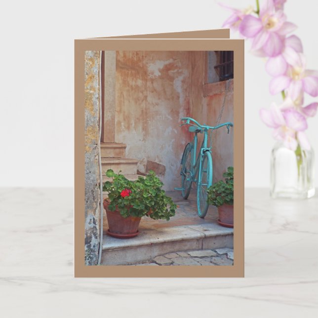 Bicycle And Potted Geranium Folded Greeting Card (Orchid)