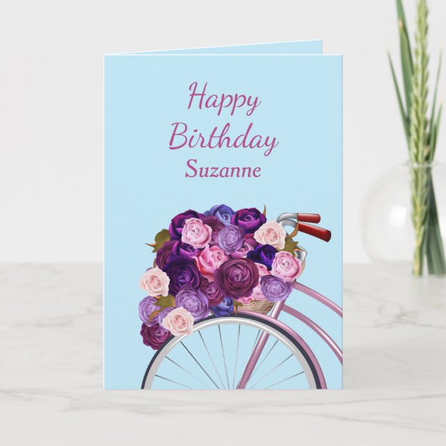 Bicycle and Roses Personalized Birthday Card (Front)