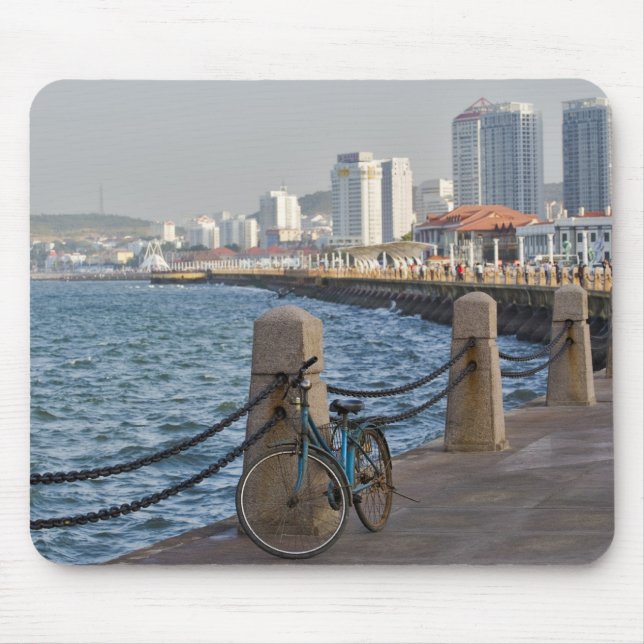 Bicycle at waterfront with Yantai city skyline, Mouse Mat (Front)