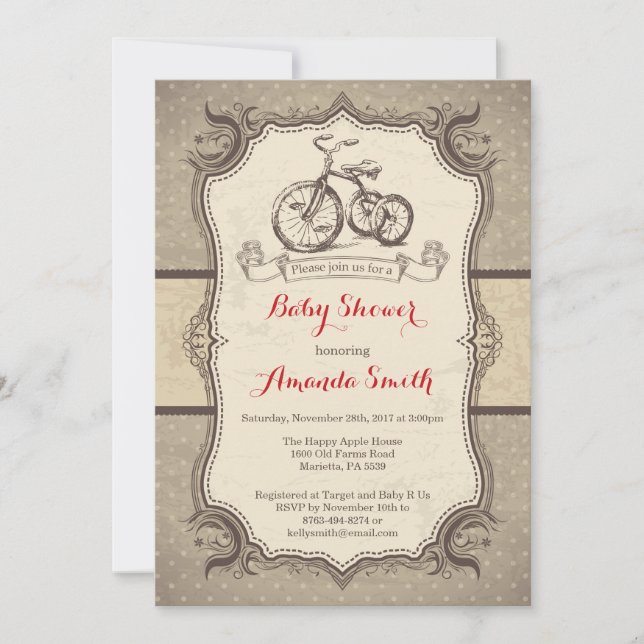 Bicycle Baby Shower Invitation Vintage Retro (Front)