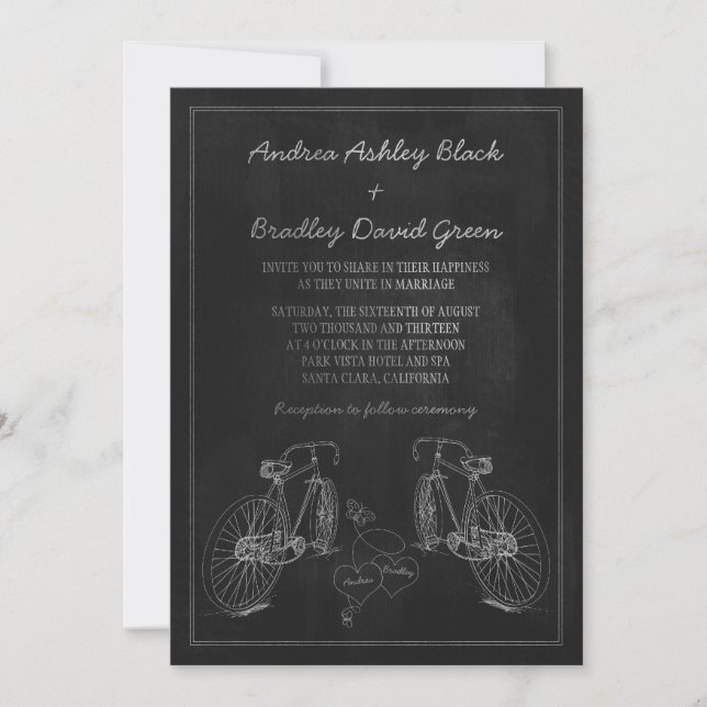 Bicycle Bike Chalkboard Hearts Wedding Invitation (Front)