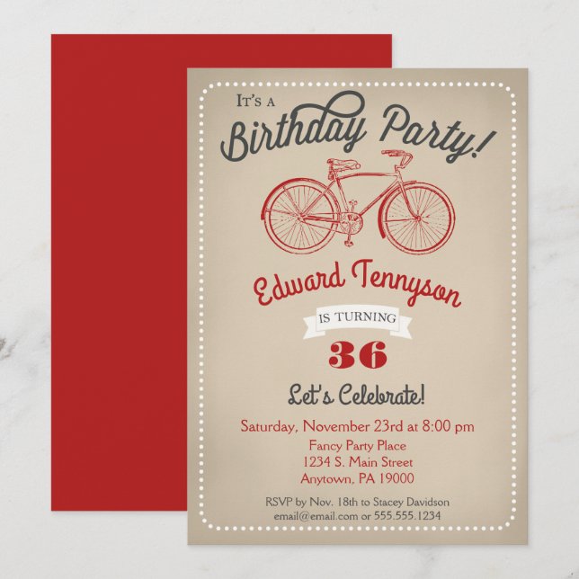 Bicycle Birthday Invitation Mens Boys Vintage Bike (Front/Back)