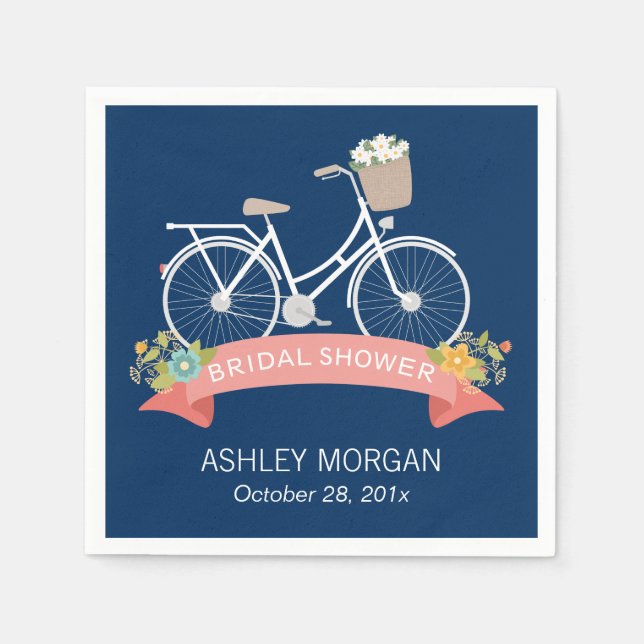 Bicycle Bridal Shower Navy Blue Coral Ribbon Napkin (Front)
