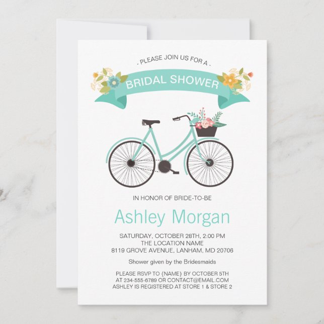 Bicycle Bridal Shower Pastel Mint Floral Invitation (Front)