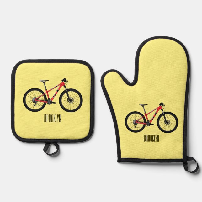 Bicycle cartoon illustration oven mitt & pot holder set (Front)