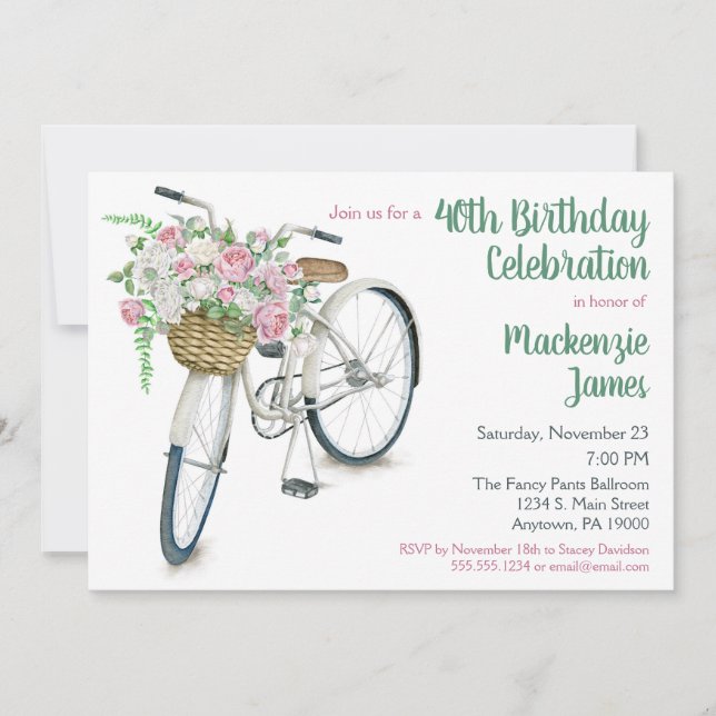 Bicycle Floral Birthday Invitation Roses (Front)