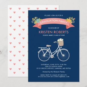 Bicycle Floral Navy Blue Girly Graduation Party Invitation