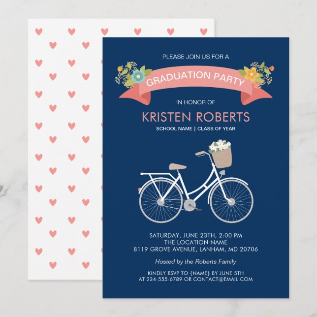Bicycle Floral Navy Blue Girly Graduation Party Invitation (Front/Back)