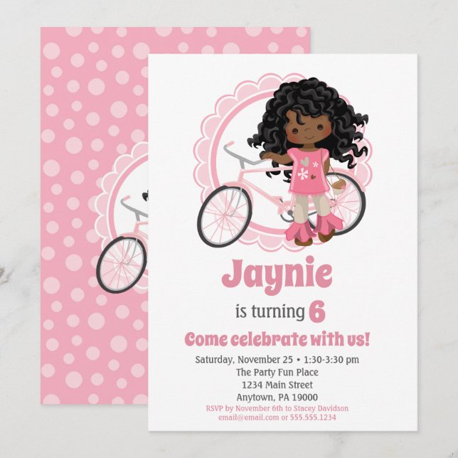 Bicycle Girl Birthday Invitation African American (Front/Back)