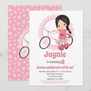 Bicycle Girl Birthday Invitation - Black Hair