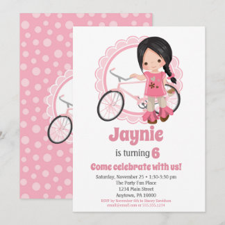 Bicycle Girl Birthday Invitation - Black Hair