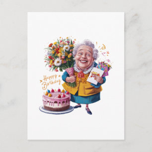 Bicycle Granny with Cake & Balloons Holiday Postcard