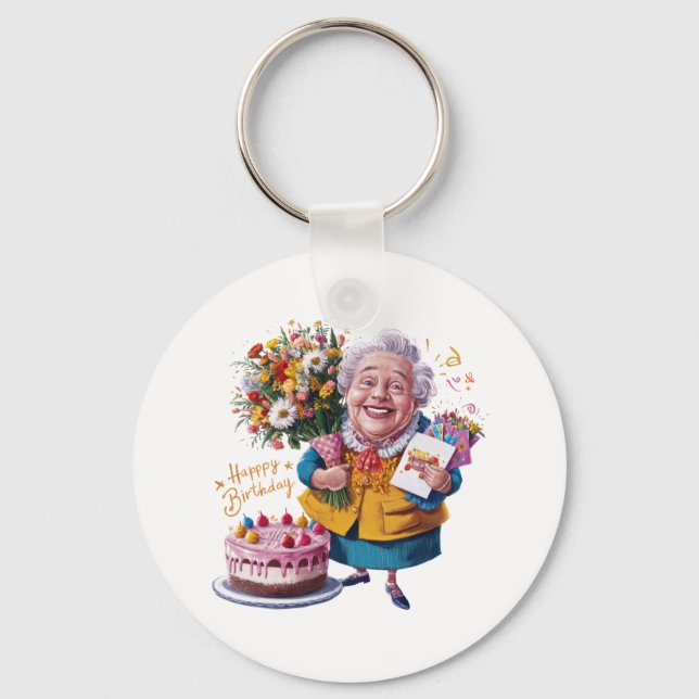 Bicycle Granny with Cake & Balloons Key Ring (Front)
