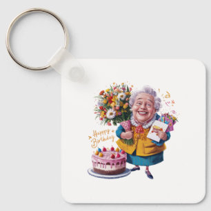 Bicycle Granny with Cake & Balloons Key Ring