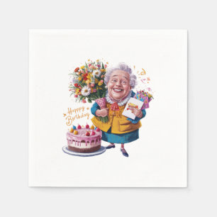 Bicycle Granny with Cake & Balloons Napkin