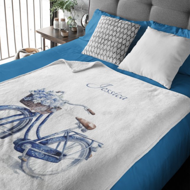 Bicycle in Delft Blue customisable Sherpa Blanket (Creator Uploaded)