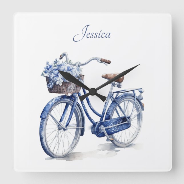 Bicycle in Delft Blue customisable Square Wall Clock (Front)