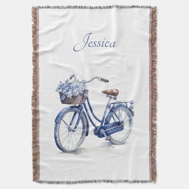 Bicycle in Delft Blue customisable Throw Blanket (Front Vertical)