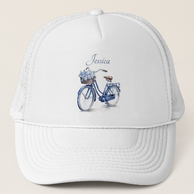Bicycle in Delft Blue customisable Trucker Hat (Front)