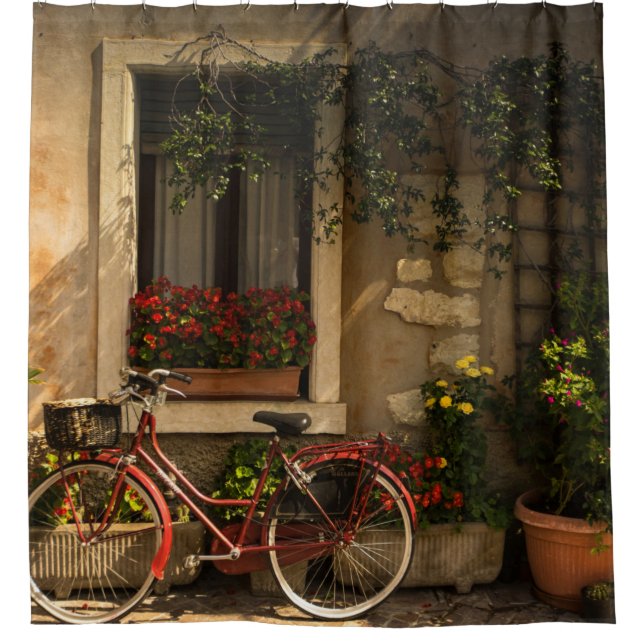 BICYCLE LEANING ON HOUSE SHOWER CURTAIN (Front)