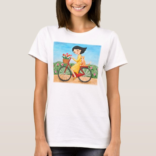 Bicycle Lover T-shirt Cute Girl & Cat on Bike art (Front)