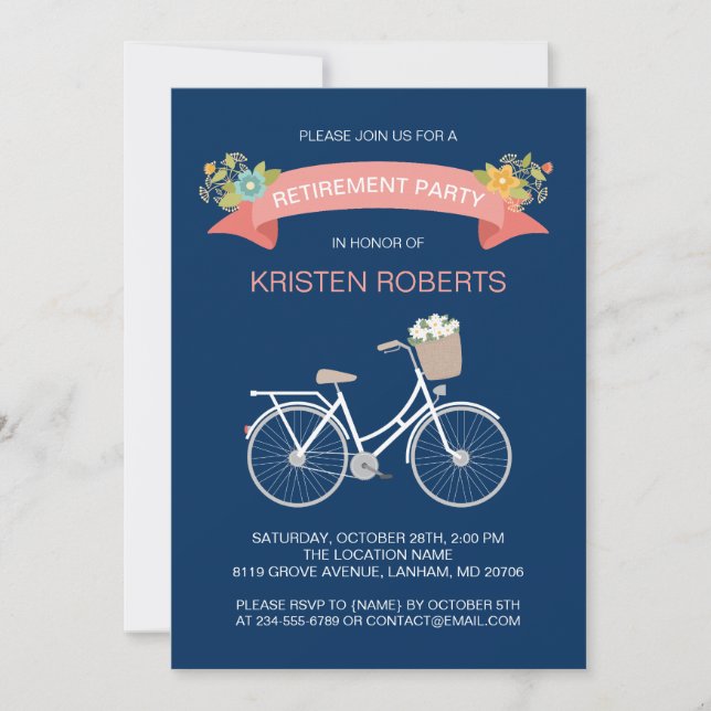 Bicycle Navy Blue Floral Ribbon Retirement Party Invitation (Front)