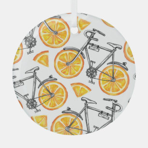 Bicycle Oranges: Watercolor Summer Pattern Glass Tree Decoration