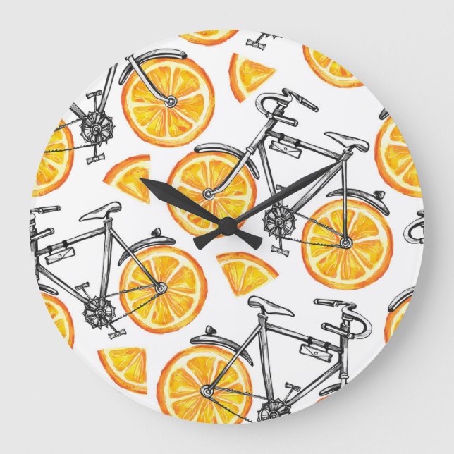 Bicycle Oranges: Watercolor Summer Pattern Large Clock (Front)