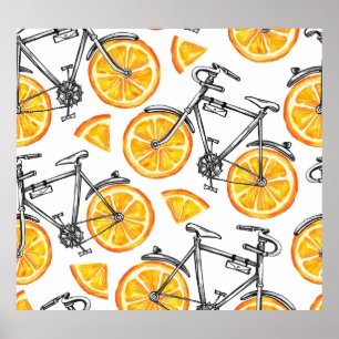 Bicycle Oranges: Watercolor Summer Pattern Poster