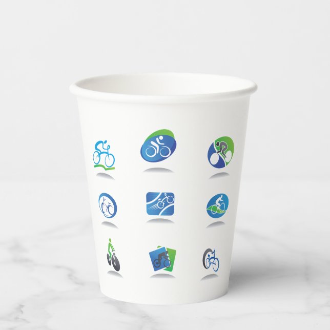 Bicycle Racing Icons Blue and Green Sport Paper Cups (Front)